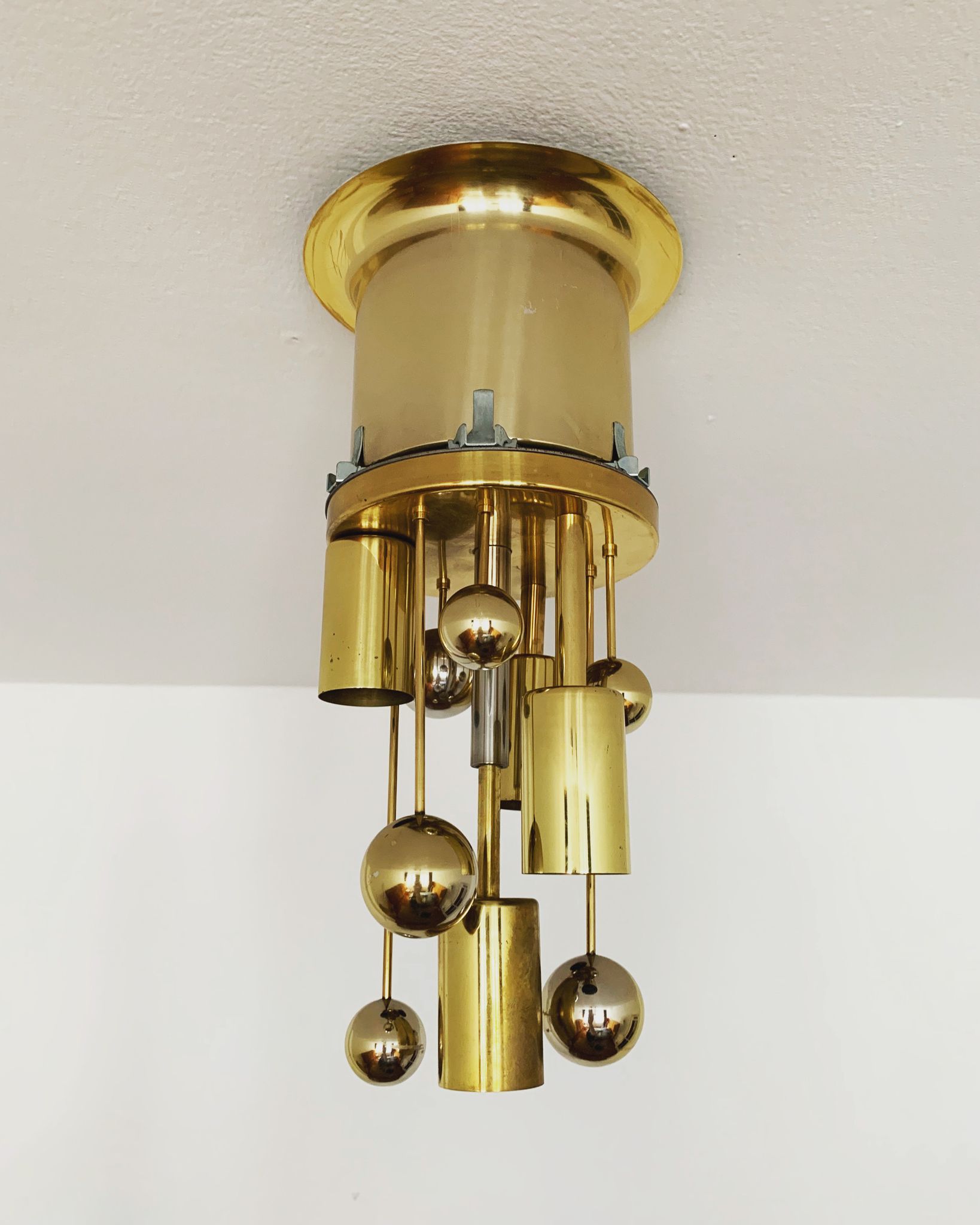Golden mid-century ice glass ceiling lamp by Doria