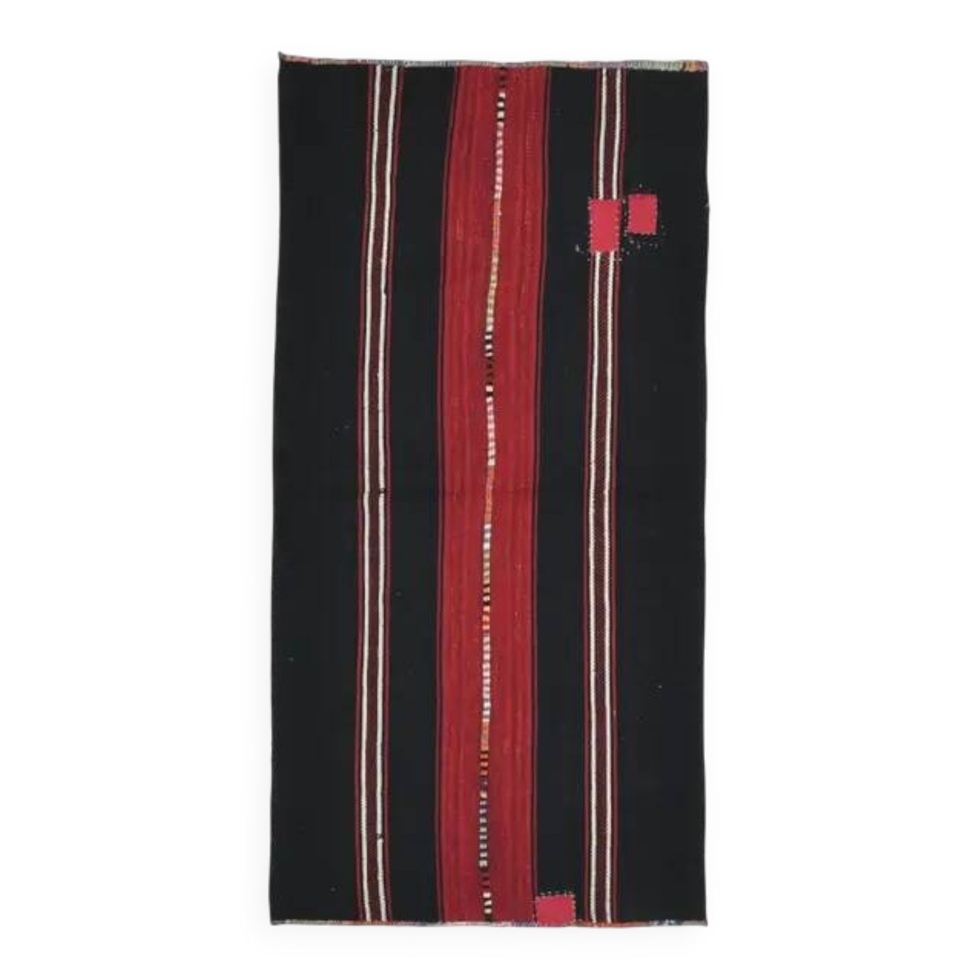 1970s Turkish Hand-Knotted Wool Cotton Black Kilim Runner Rug 118x238
