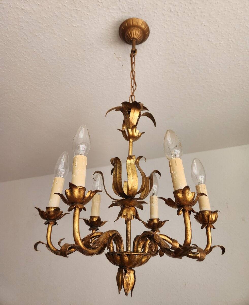 Vintage Hollywood Regency 6 light Chandelier gilded Italy Florence 1950-60