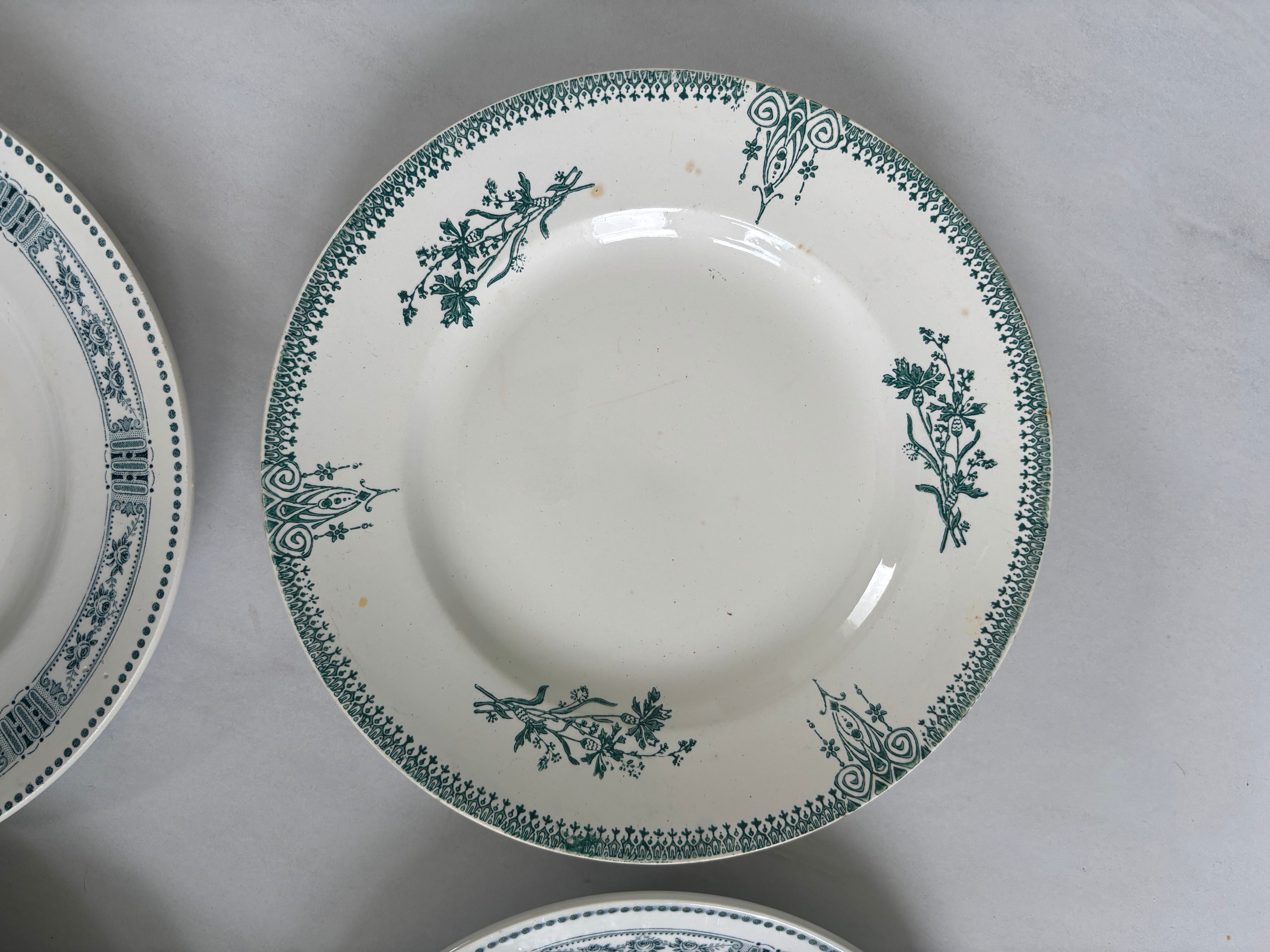 Lot 6 blue and green ironstone plates, antique French earthenware.