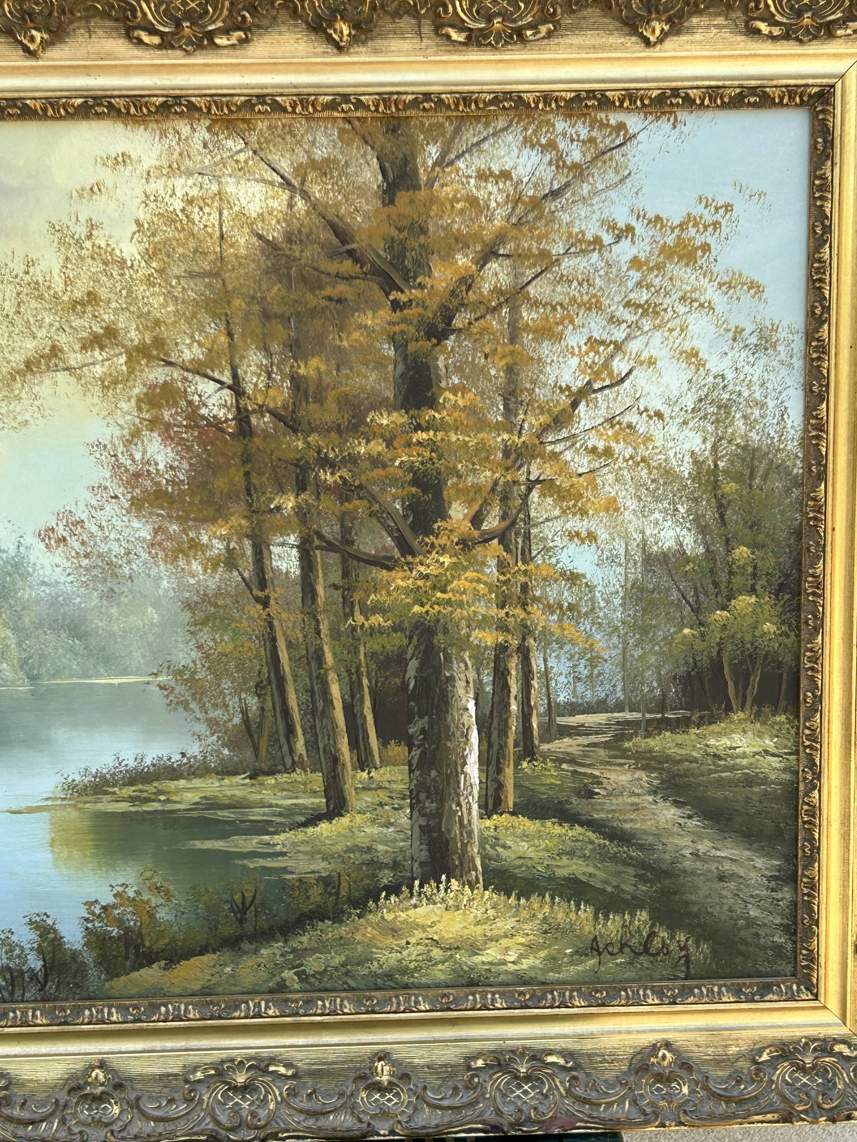 Oil on canvas, lakeside landscape, signature to be identified.