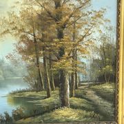 Oil on canvas, lakeside landscape with a signature to be identified.