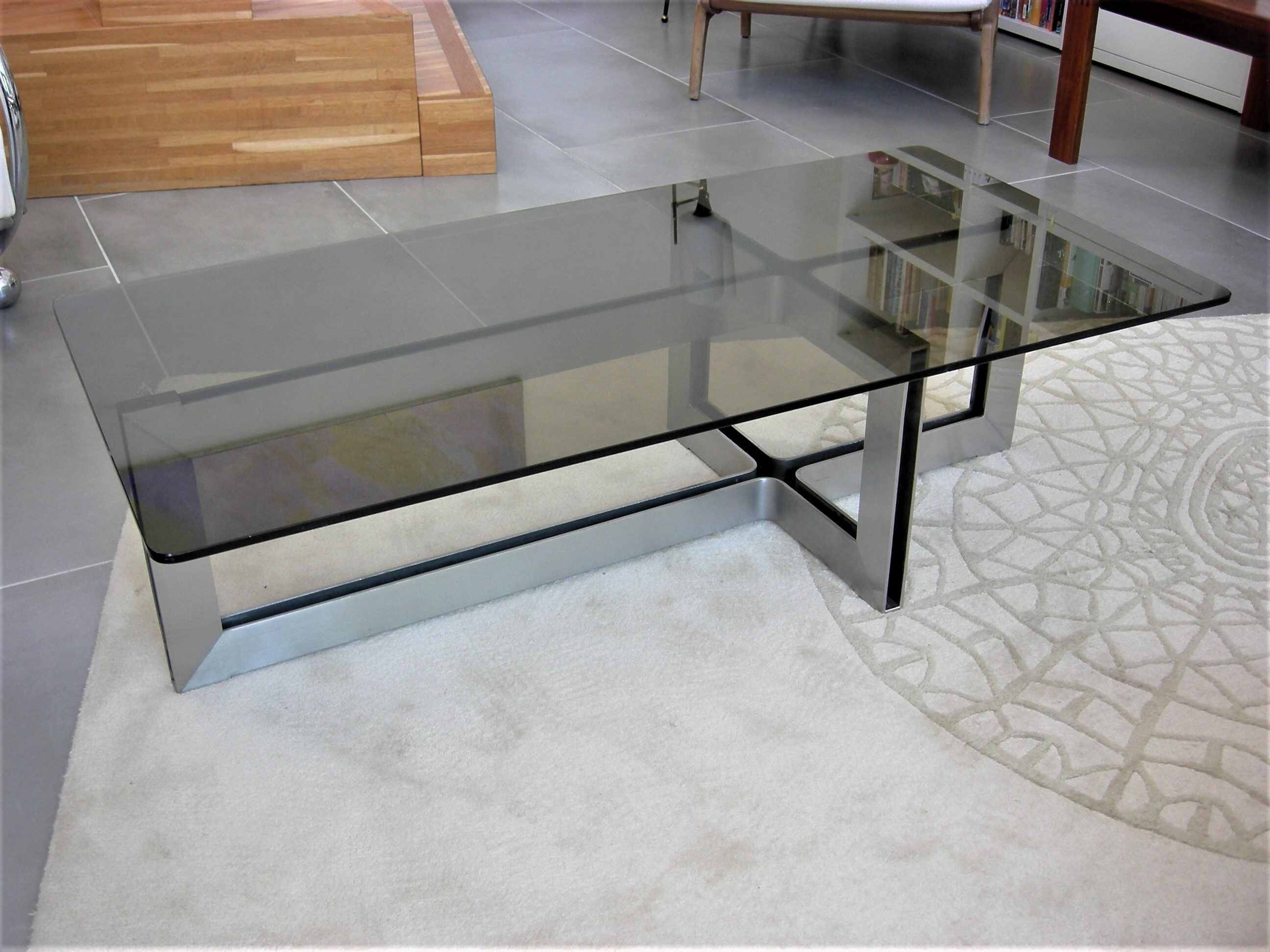 Brushed metal coffee table and smoked glass 70 years