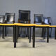 Vintage black leather and yellow fabric dining chairs, set of 6, 1980s