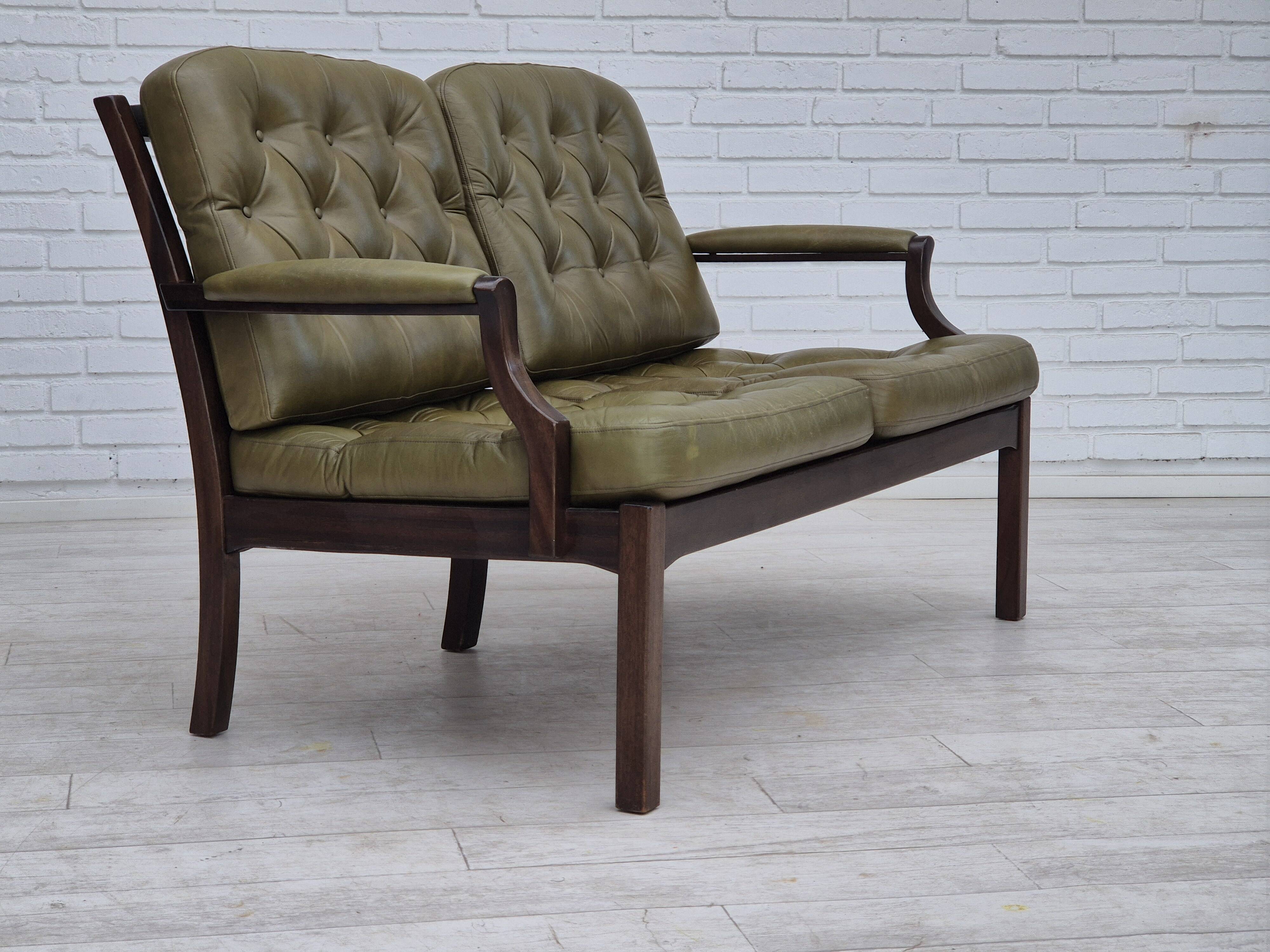 1970s, Scandinavian 2 seater sofa in original condition, green furniture leather, solid teak wood.