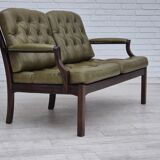 1970s, Scandinavian 2 seater sofa in original condition, green furniture leather, solid teak wood.