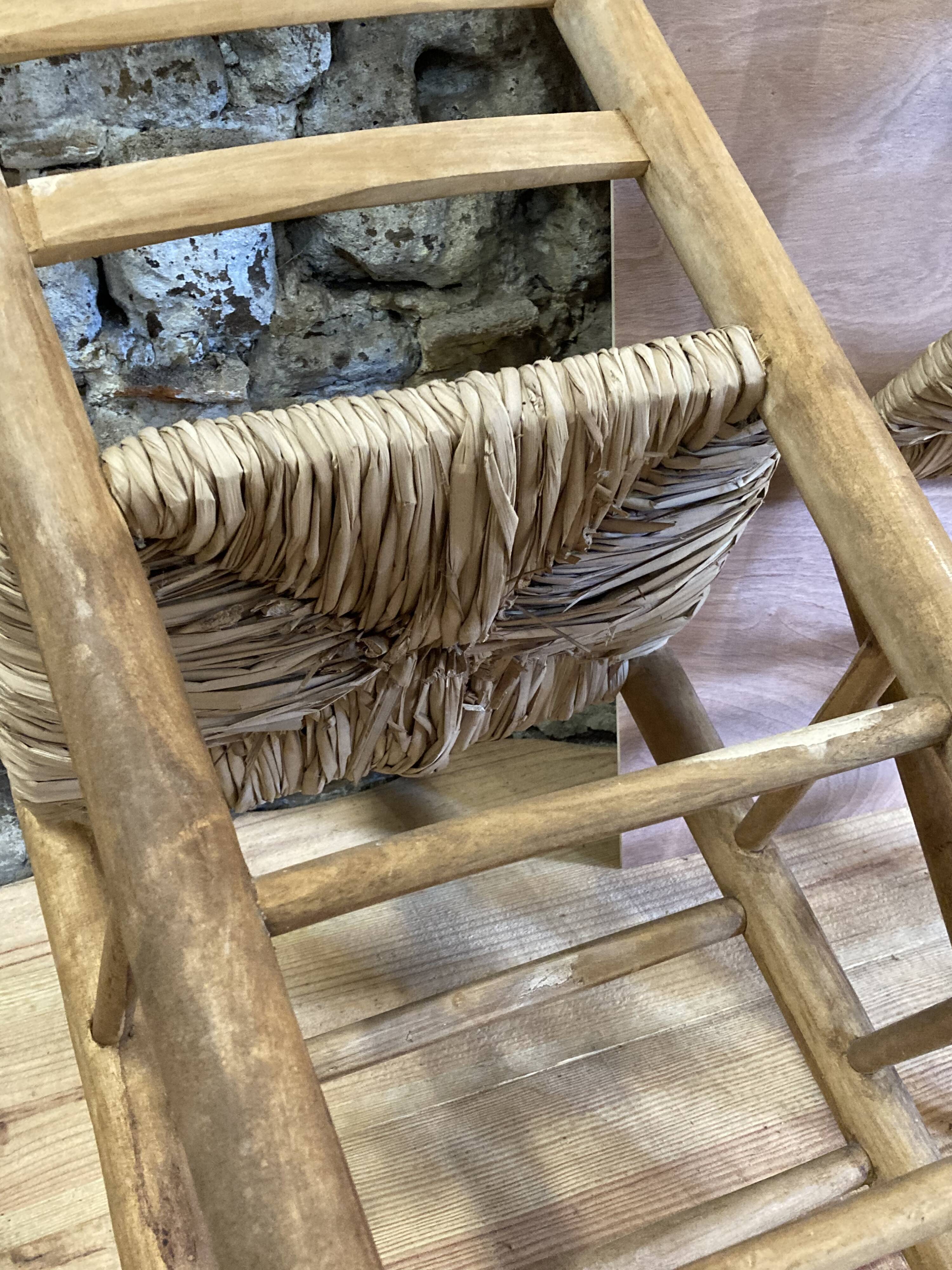 Pair of rustic-style vintage straw wood brutalist chairs