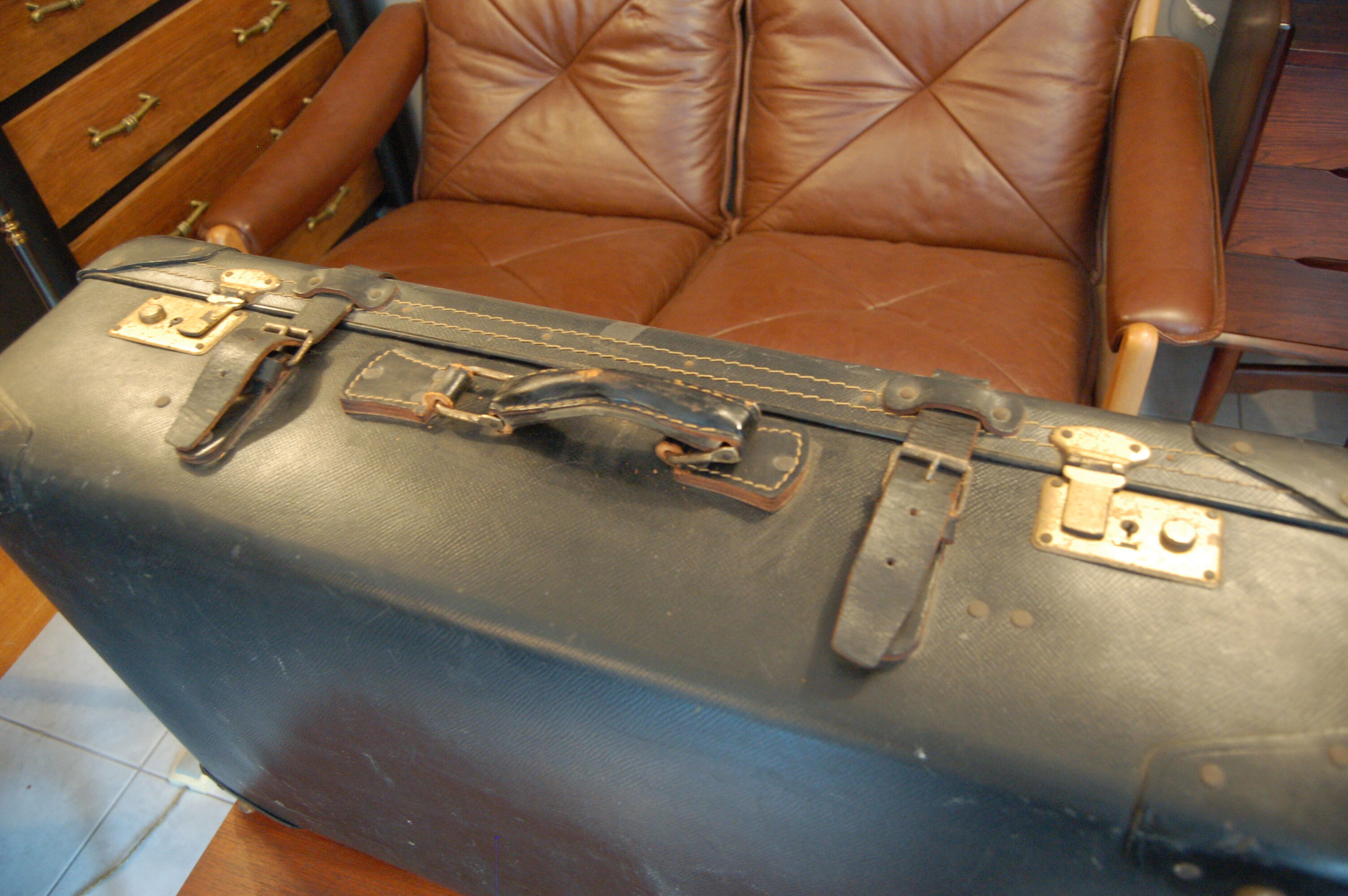 60s black vintage suitcase leather boiled cardboard