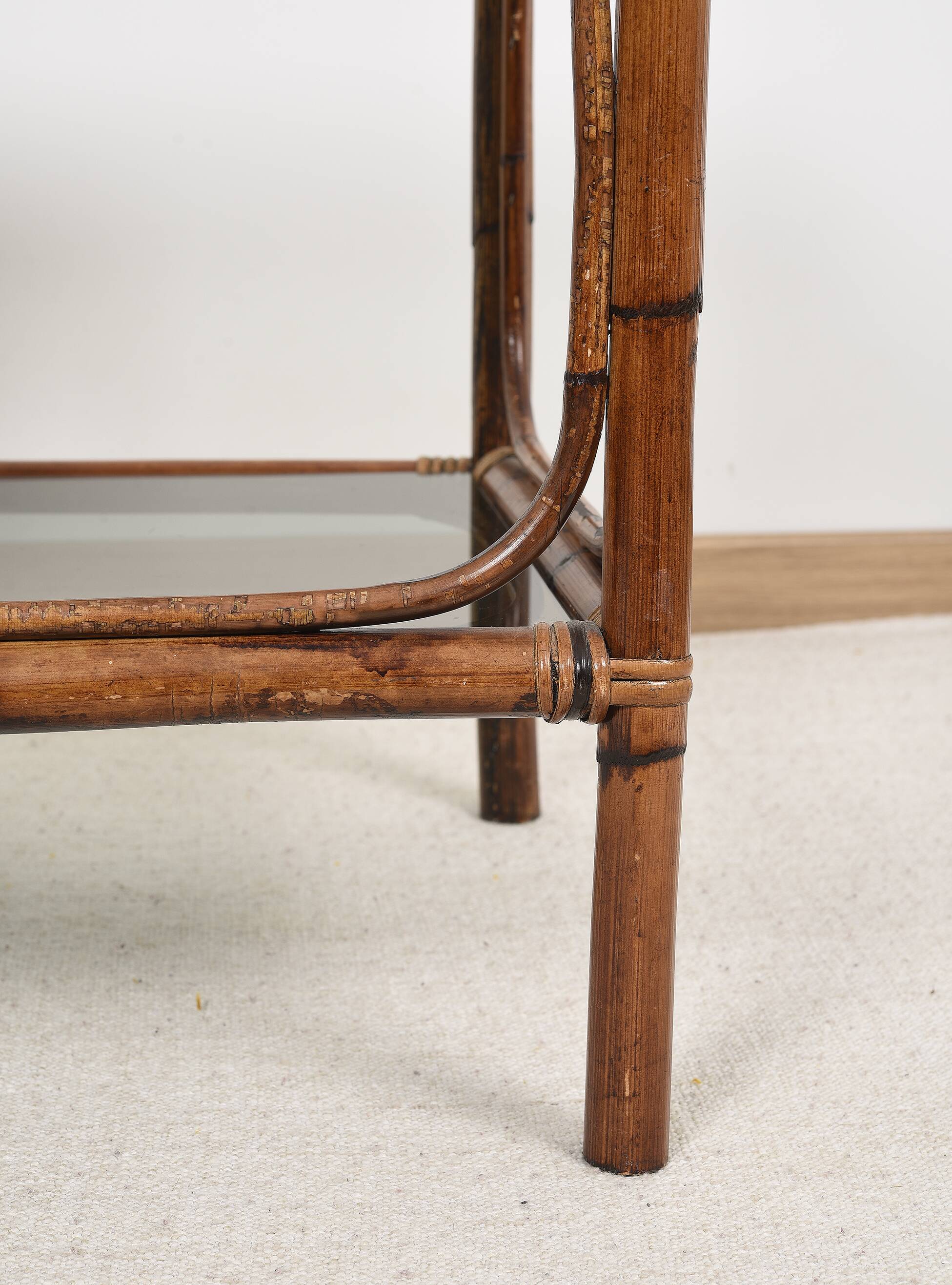 Bedside table or coffee table in bamboo and smoked glass, double top, 70s