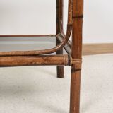 Bedside table or coffee table in bamboo and smoked glass, double top, 70s