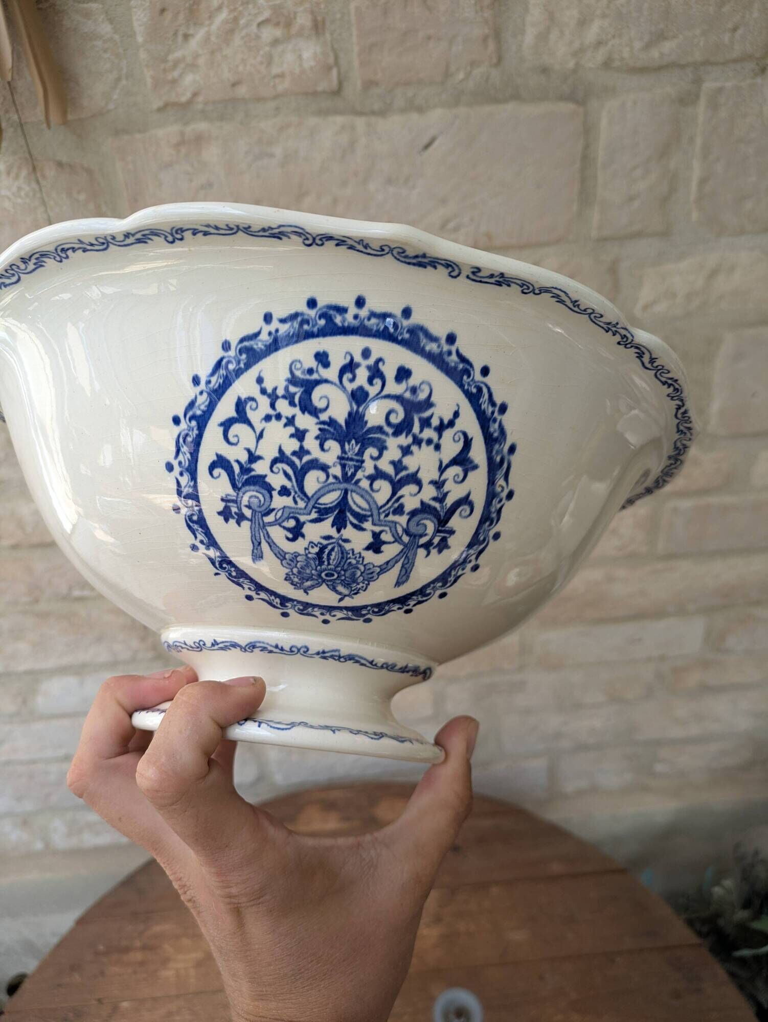 Vintage large salad bowl Gien Rouen model blue arabesques 30x14cm