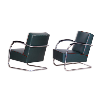 Pair of blue bauhaus armchairs made by Mucke Melder in 1930s czechia.