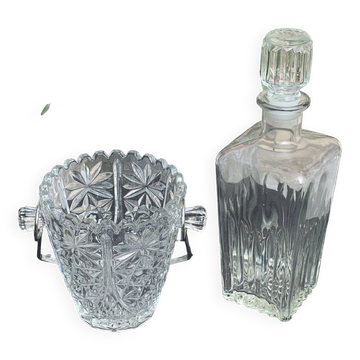 Whiskey carafe and ice bucket in transparent glass vintage 1960/70