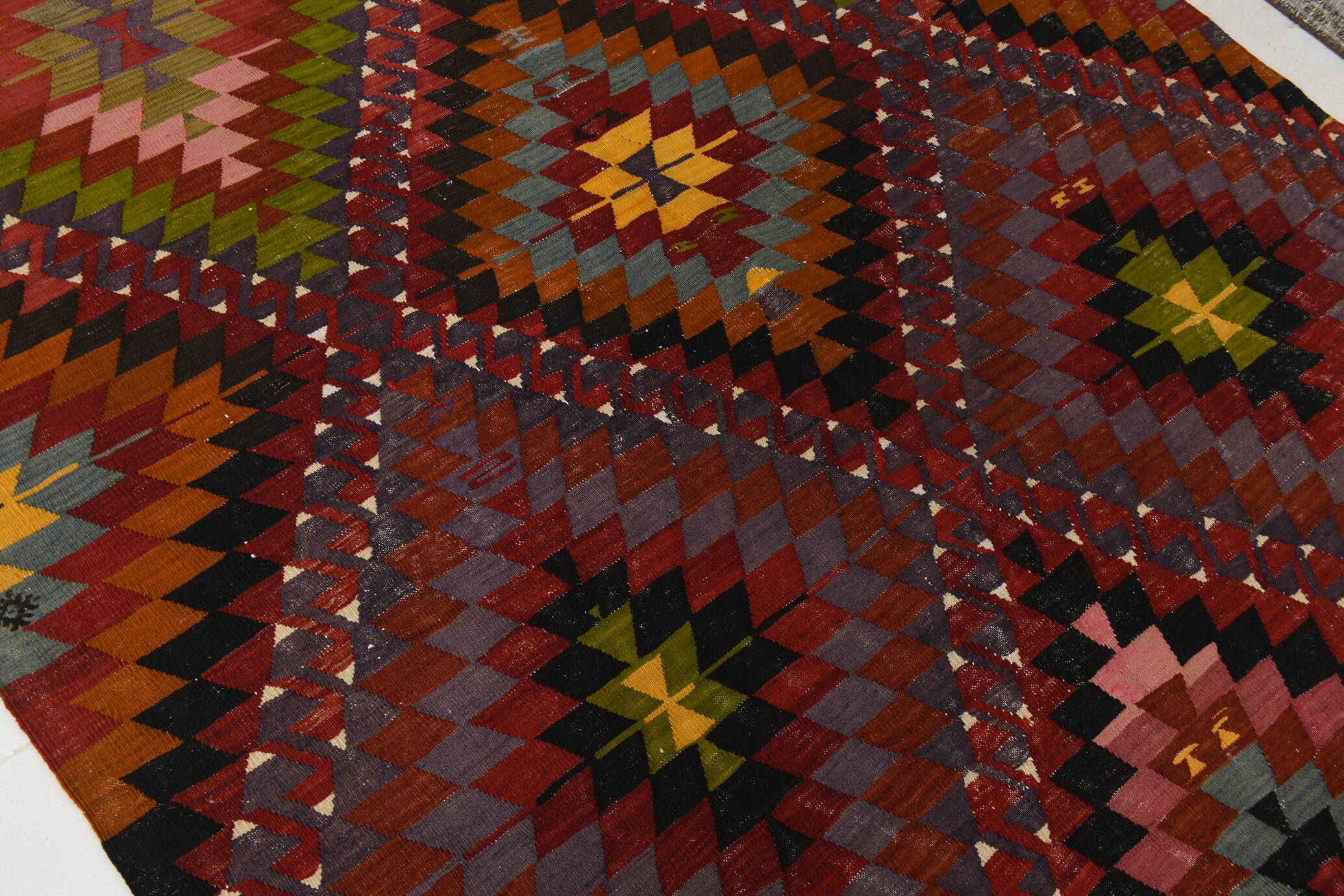 Geometric Pattern Burgundy  Turkish Vintage Kilim Rug, 188x338 Cm