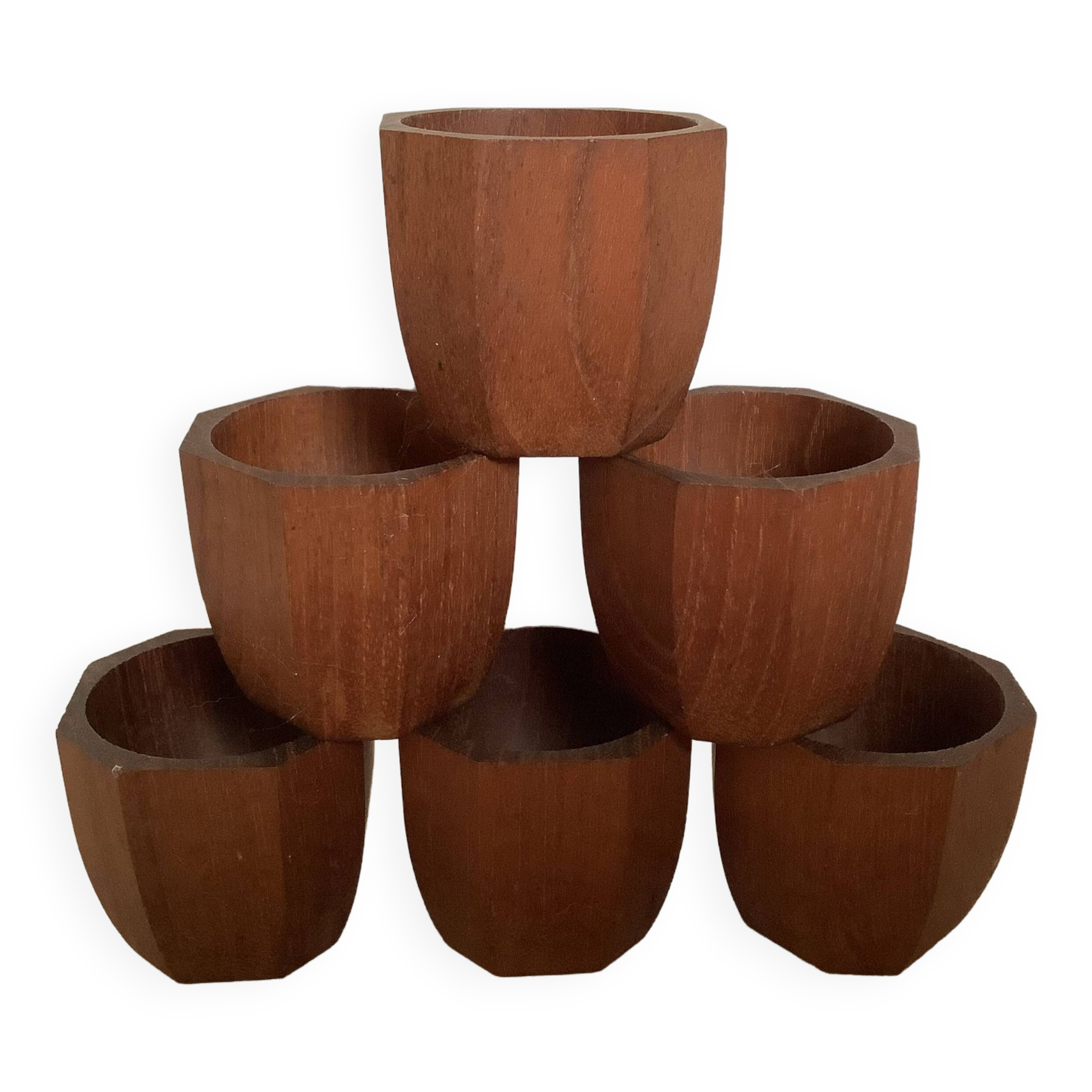 Six Scandinavian teak wood egg cups