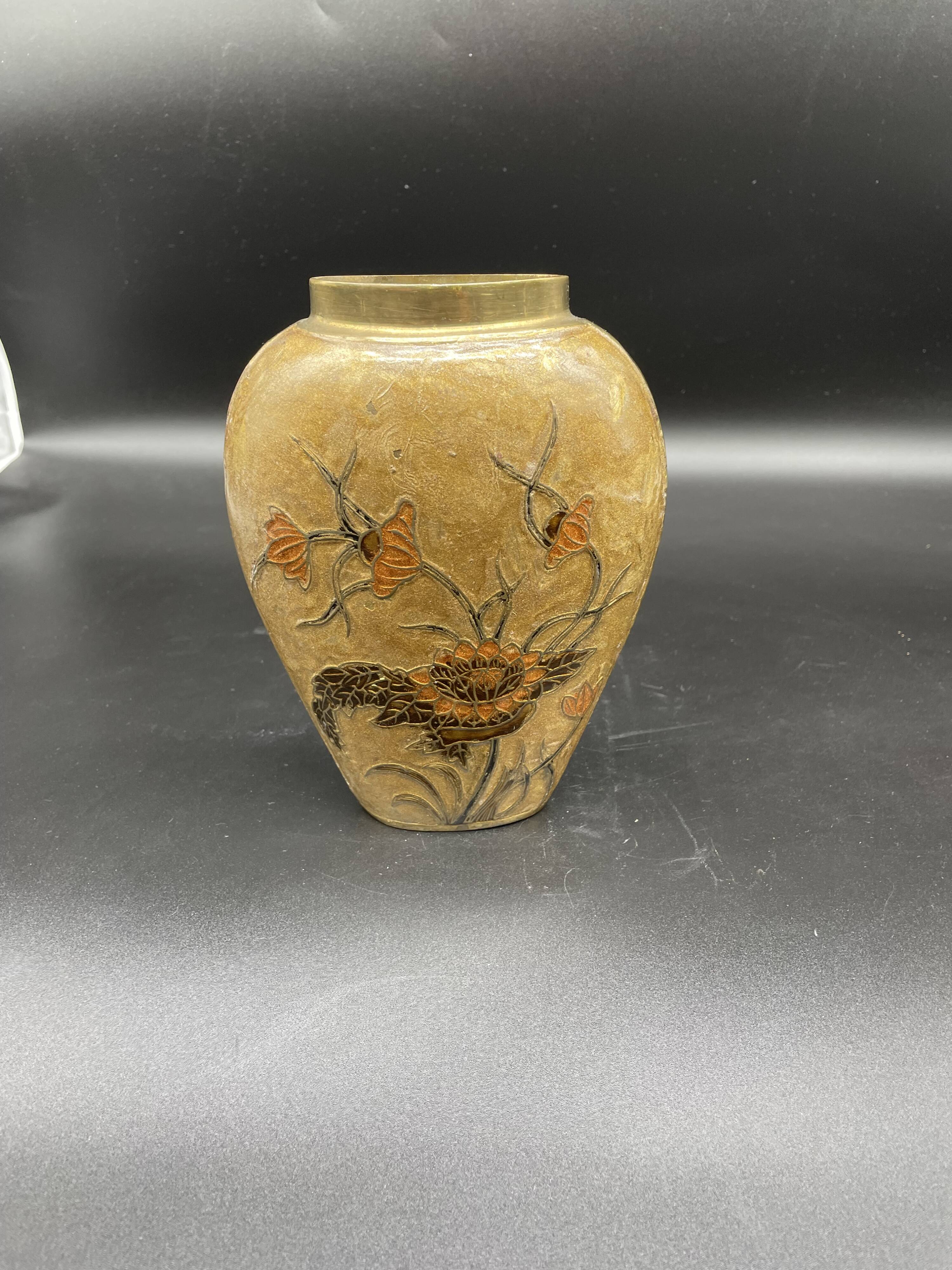 Vase, oblong shape, solid brass, bronze color, cloisonné enamel, floral decoration, flower, orange