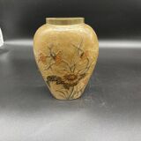 Vase, oblong shape, solid brass, bronze color, cloisonné enamel, floral decoration, flower, orange