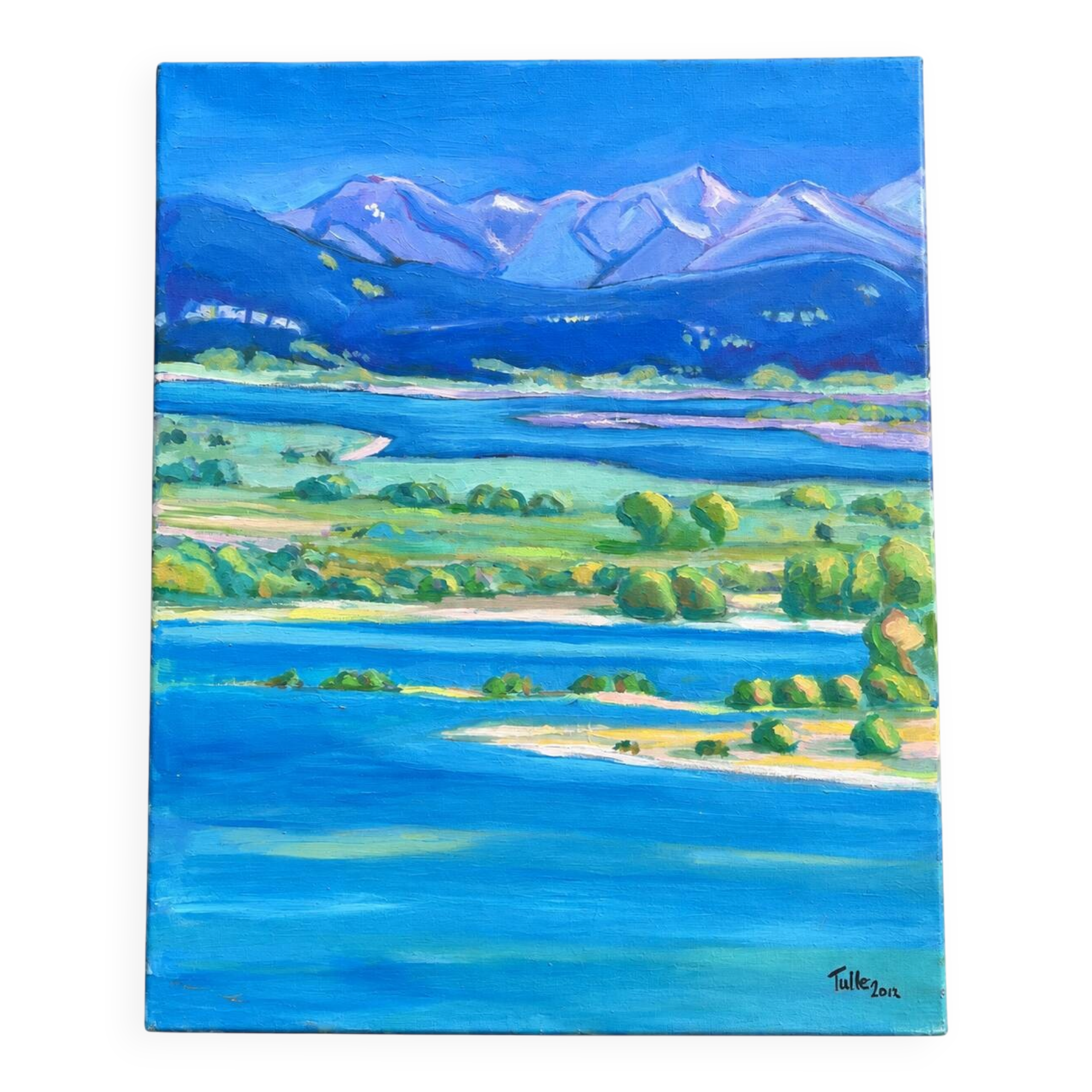 Mountain and lake landscape tableau – Canvas painting signed Tuller 2012