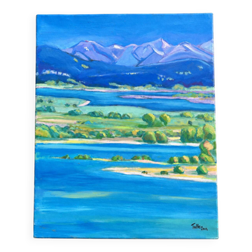 Mountain and lake landscape tableau – Canvas painting signed Tuller 2012