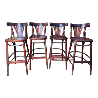 Suite of 4 curved wooden bar stools and backrest