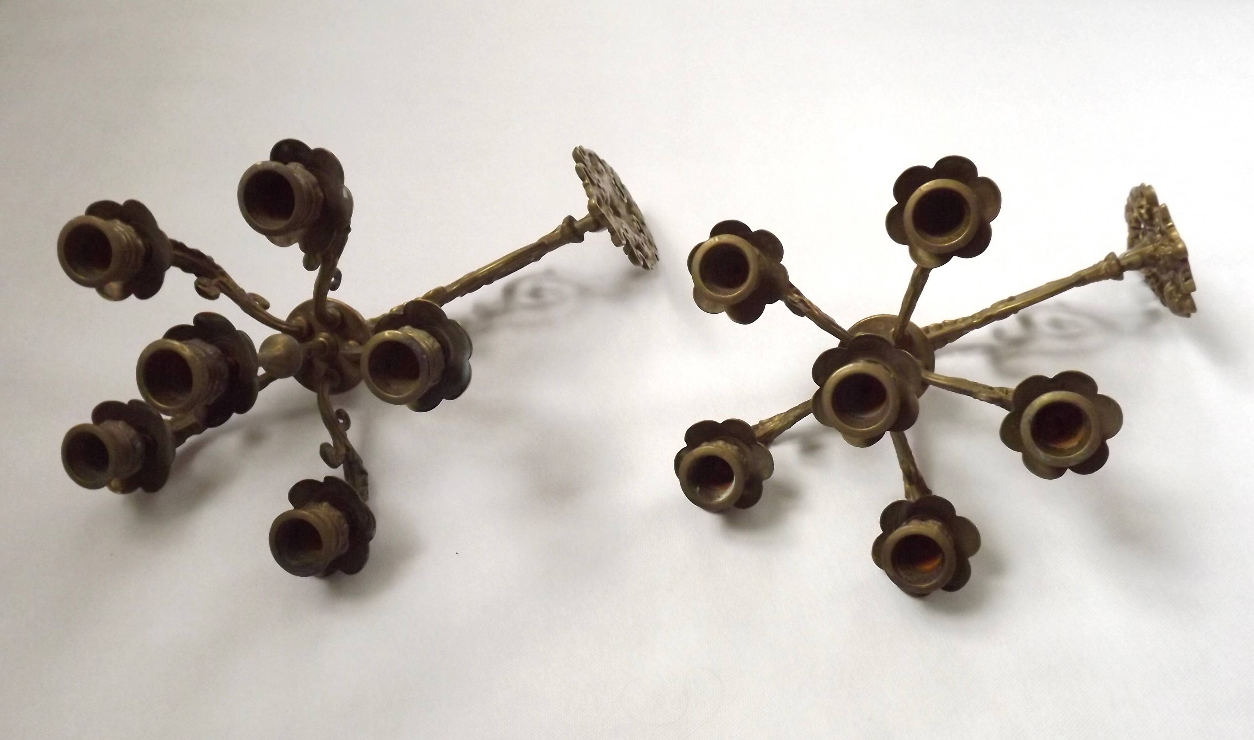 Pair Early 20th Century Rococo Revival Brass 5 Light Candle Wall Sconces