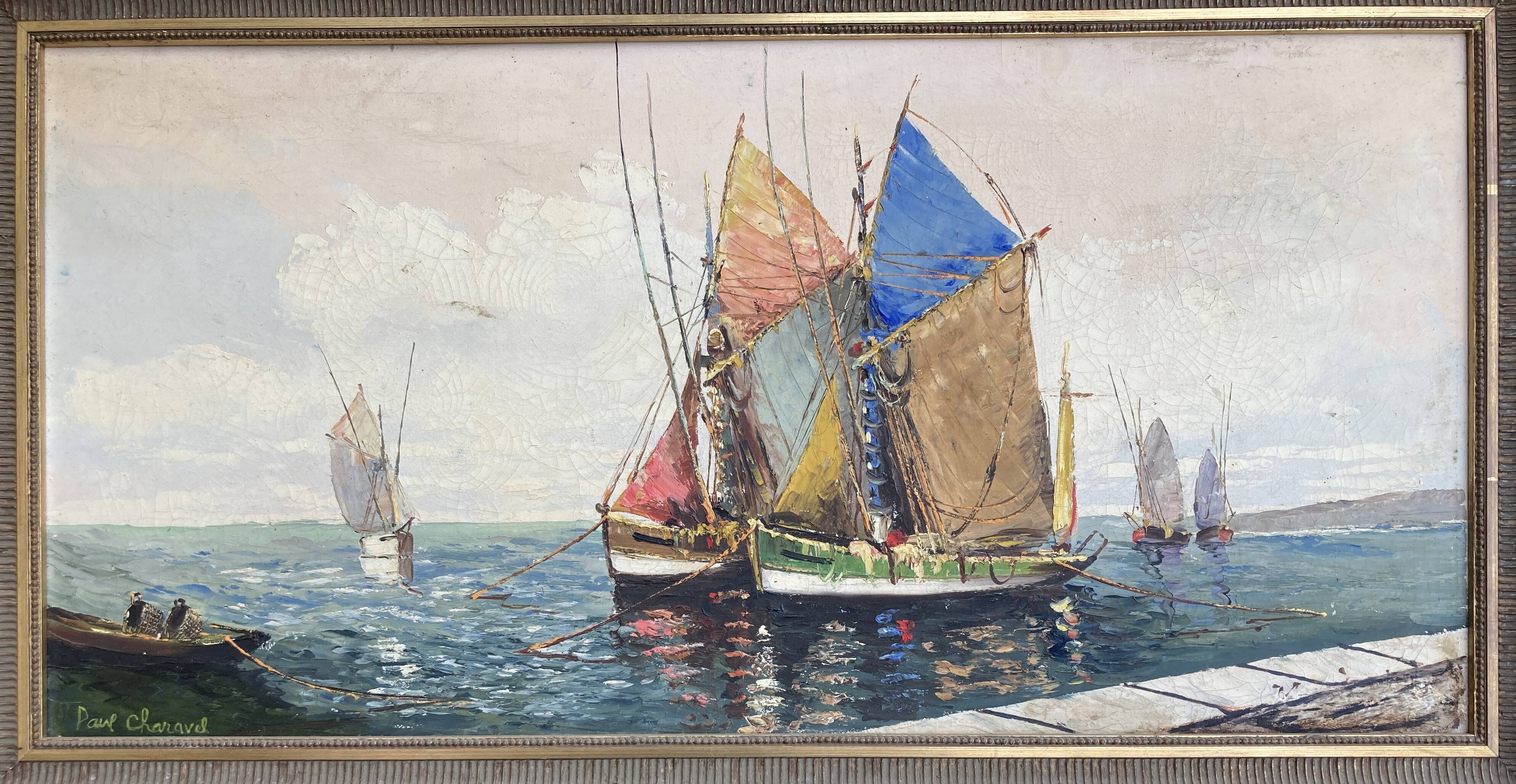 Grand tableau ancien :  Les voiliers de pêche au mouillage
