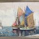 Grand tableau ancien :  Les voiliers de pêche au mouillage