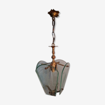 Lantern style Louis XV period 1940 bronze and engraved glass