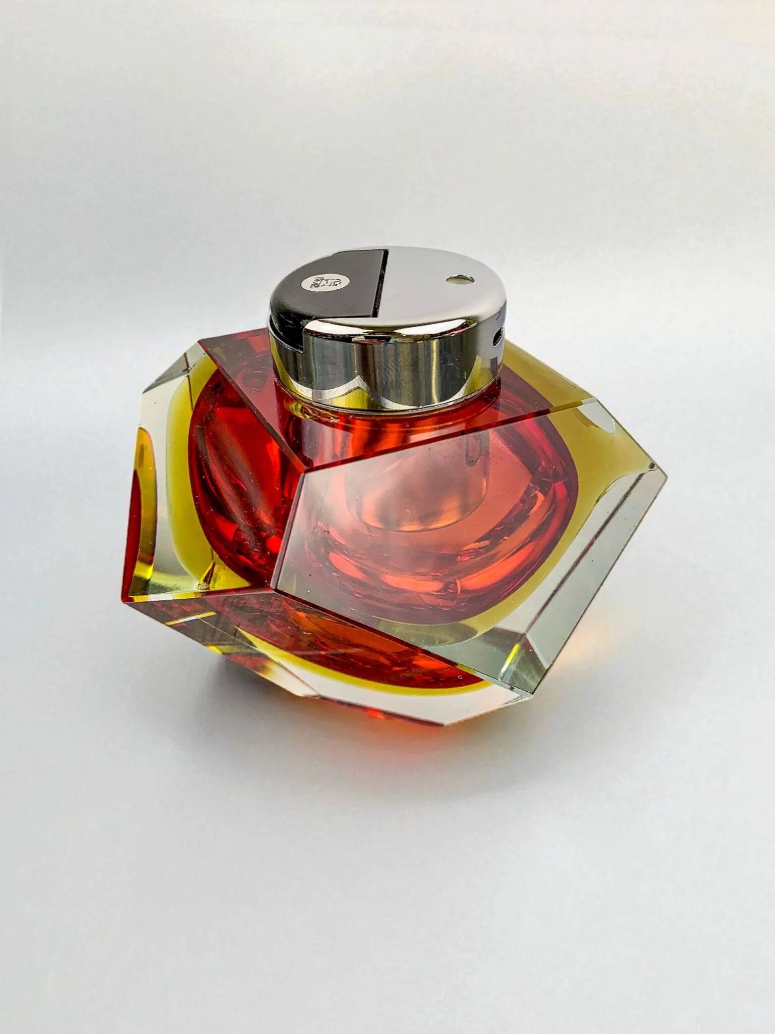 Italian Sommerso faceted lighter by Flavio Poli, red & yellow Murano glass, 1970s