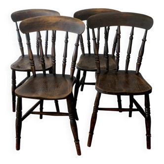 Antique set of 4 farmhouse patinated oak dining chairs, 19th century