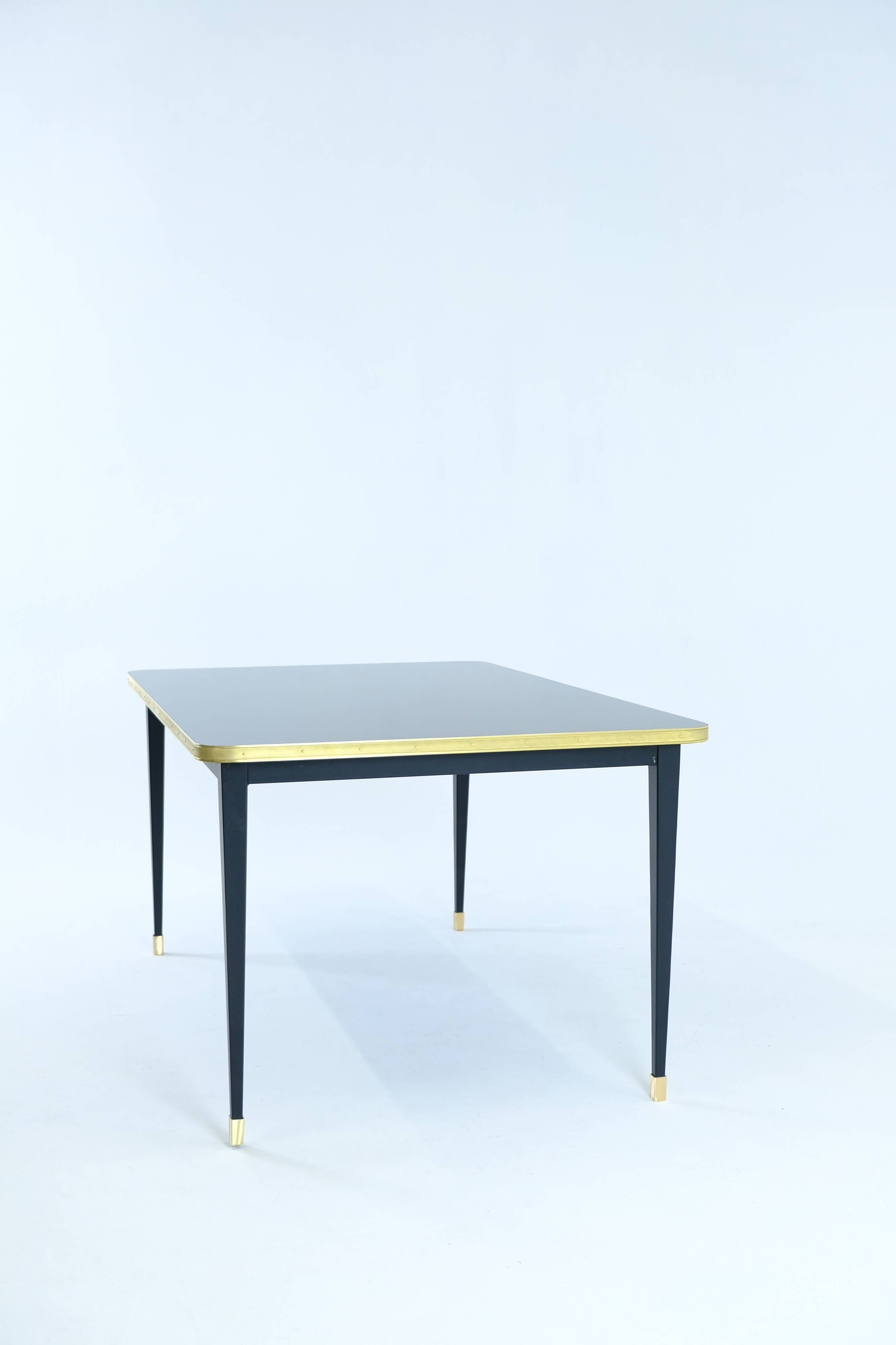 Dining Table, High Gloss Finish, Brass, Tapered Legs, Navy Blue - S