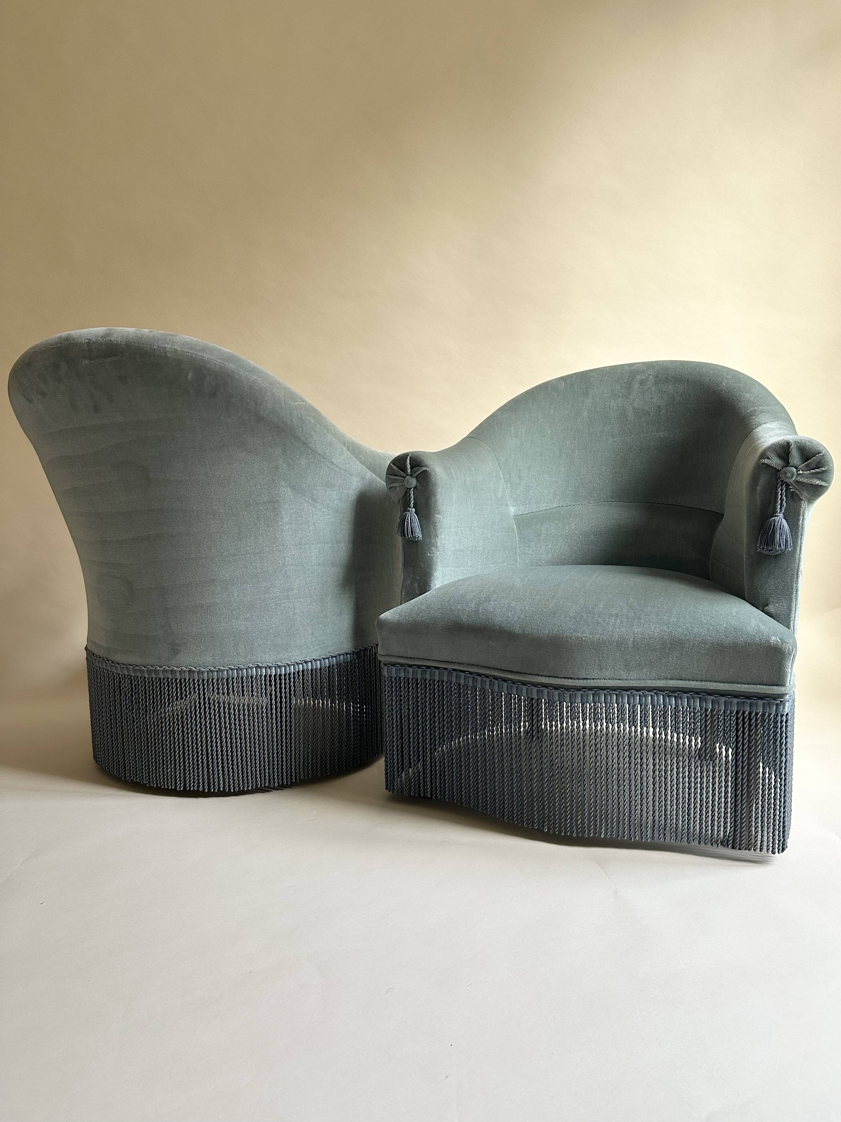 Blue velvet frog armchairs