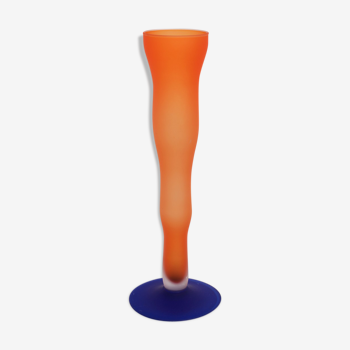 Vase vintage verre sablé orange et bleu
