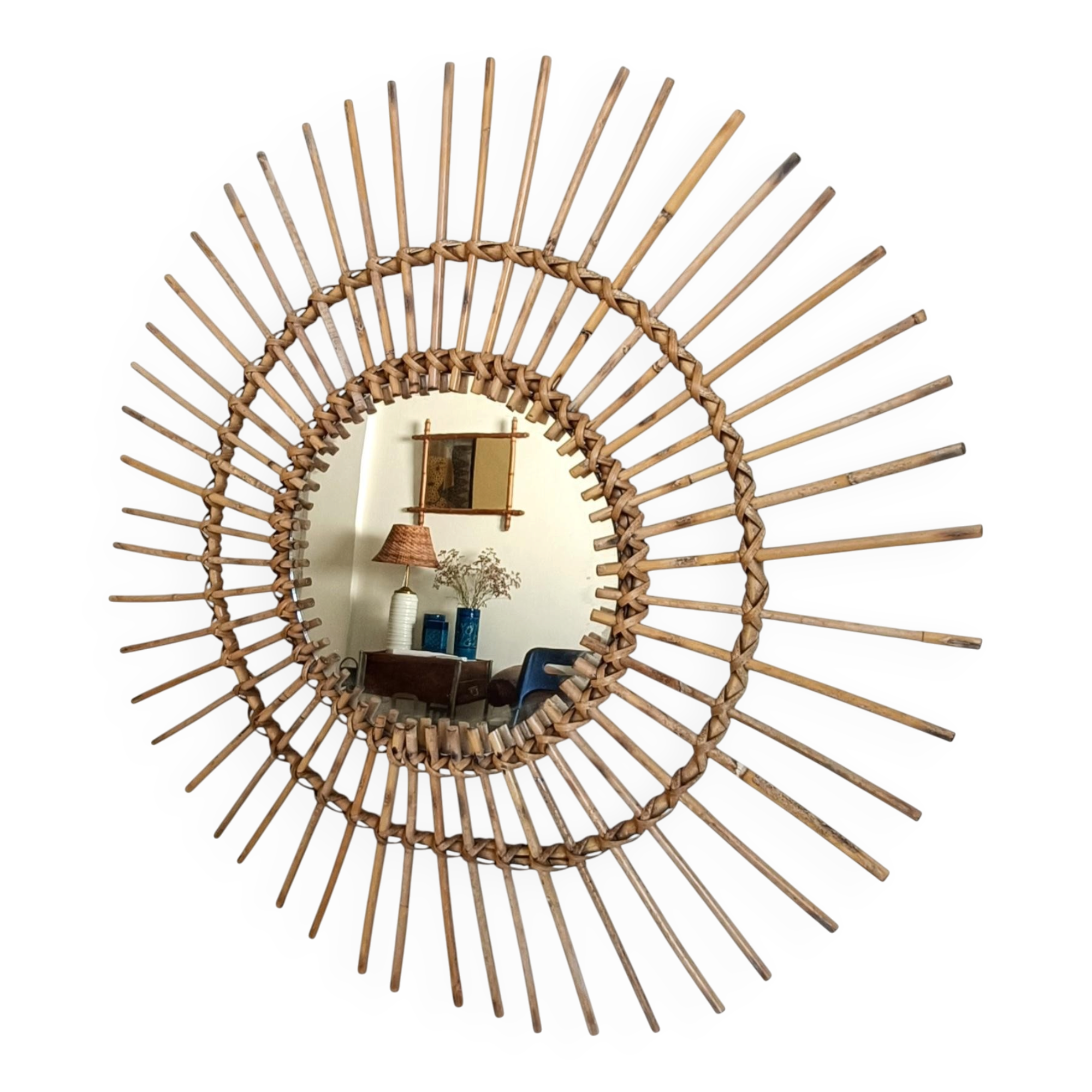 Mid Century Organic Modern Bamboo & Rattan Sunburst Patinated Mirror, 1960s