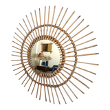 Mid Century Organic Modern Bamboo & Rattan Sunburst Patinated Mirror, 1960s