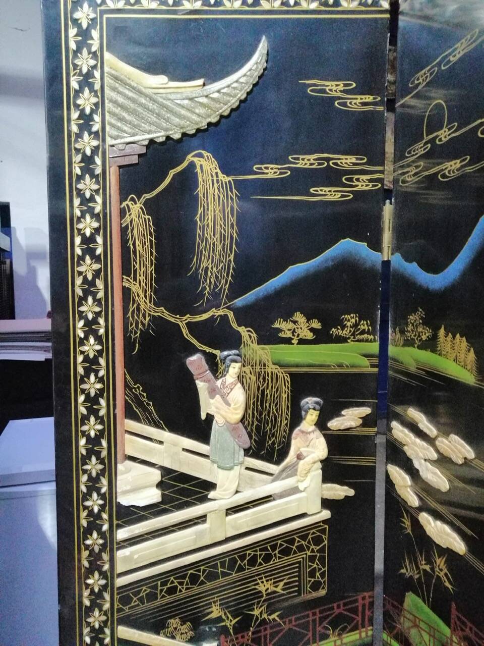 Antique Chinese bedroom screen, inlay of soapstone, jade, ivory, mother-of-pearl