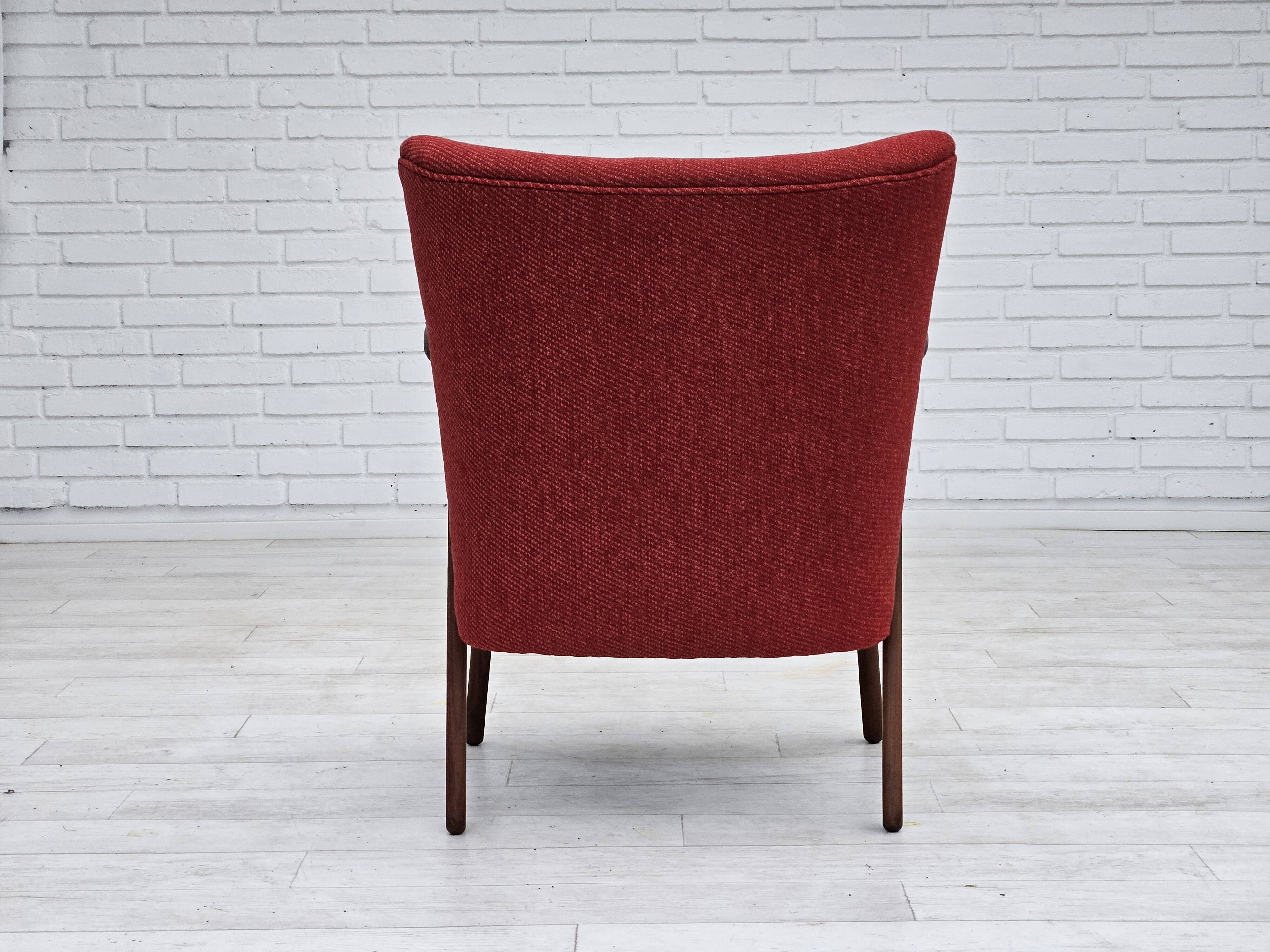1960s, Danish design by Erhardsen & Andersen, reupholstered armchair, furniture wool, teak wood.