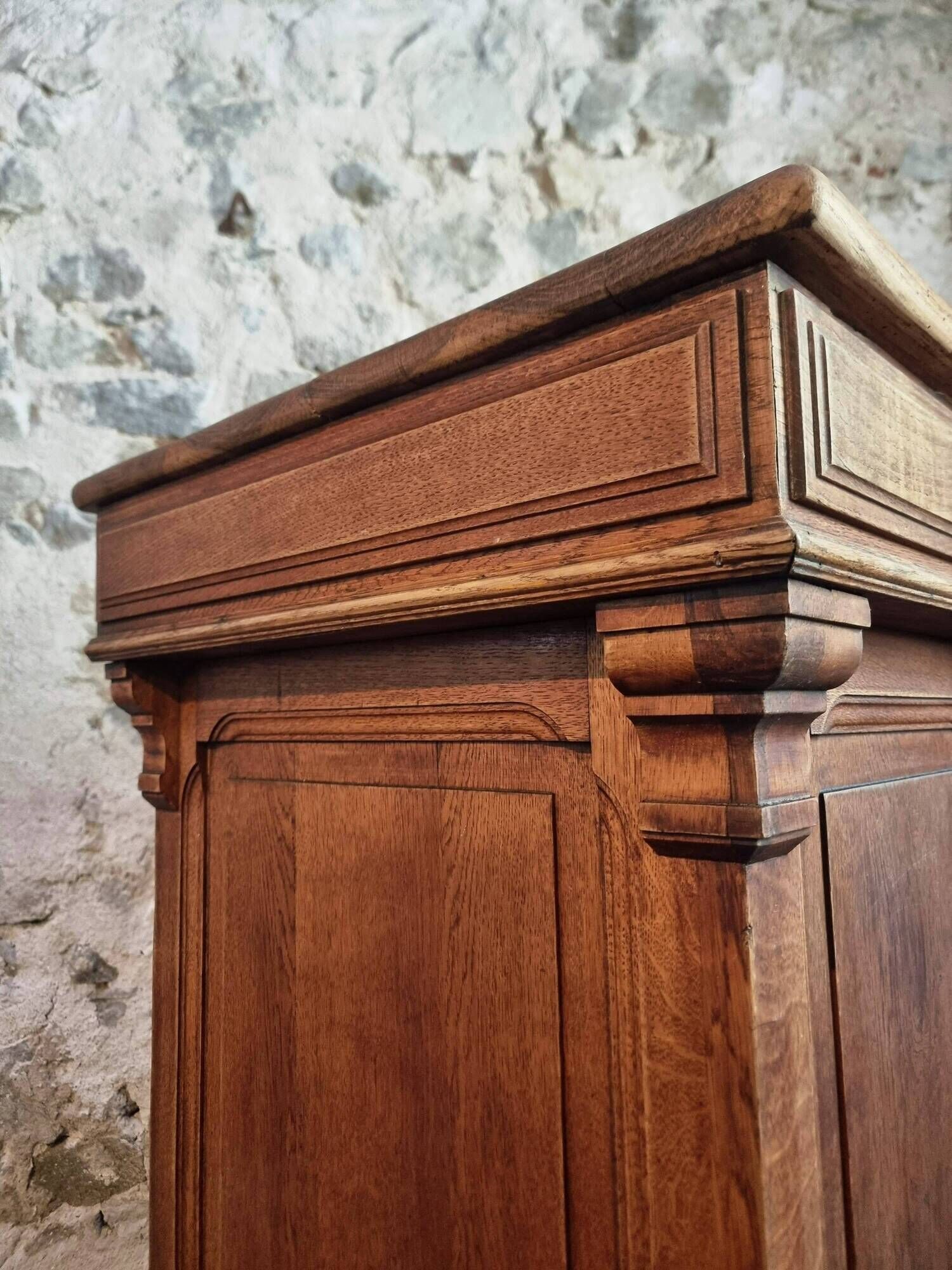 Antique French oak shop counter, kitchen island on wheels, circa 1880–1900.