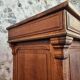 Antique French oak shop counter, kitchen island on wheels, circa 1880–1900.