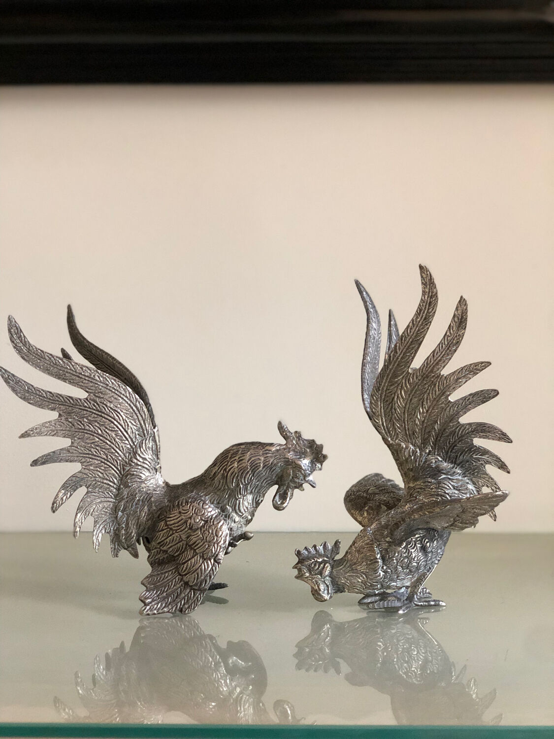 Vintage silver metal roosters