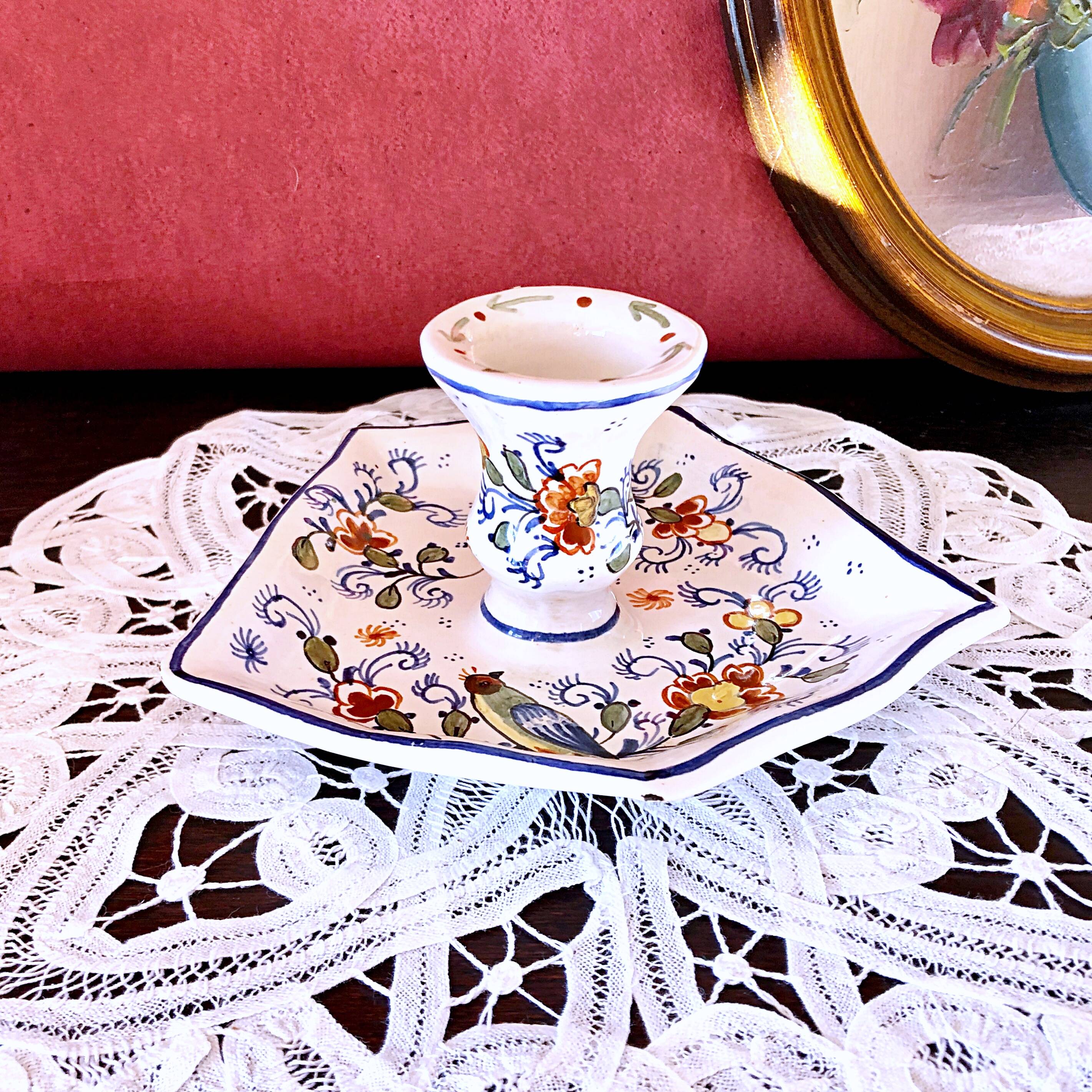 Handcrafted enameled ceramic candle holder signed vintage Rouen style decor