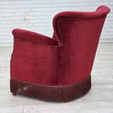 Fauteuil danois des années 1970, velours de mobilier rouge cerise, pieds en bois de chêne.