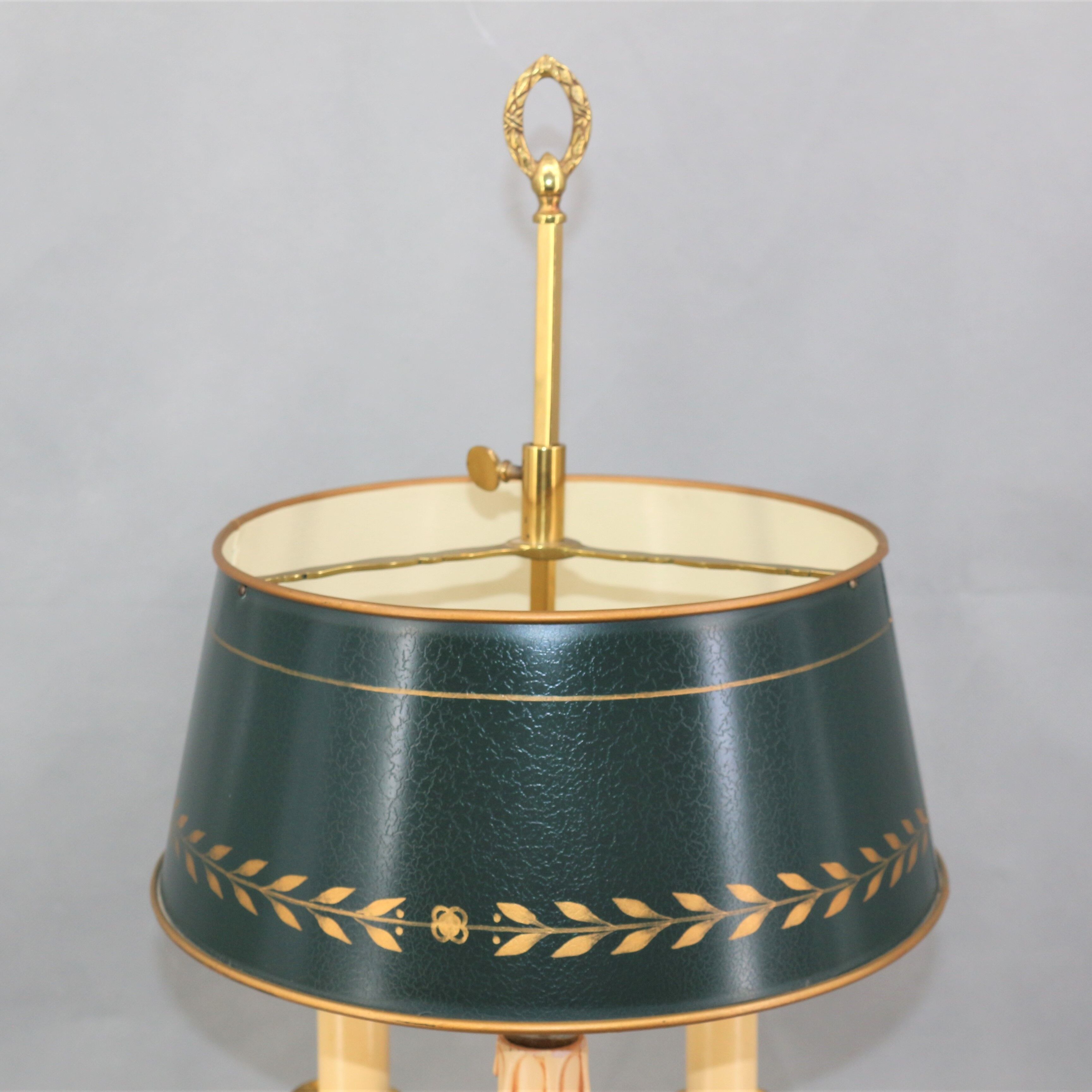 Louis XVI style bronze hot water bottle lamp, Three lights, Lampshade painted in cracked green
