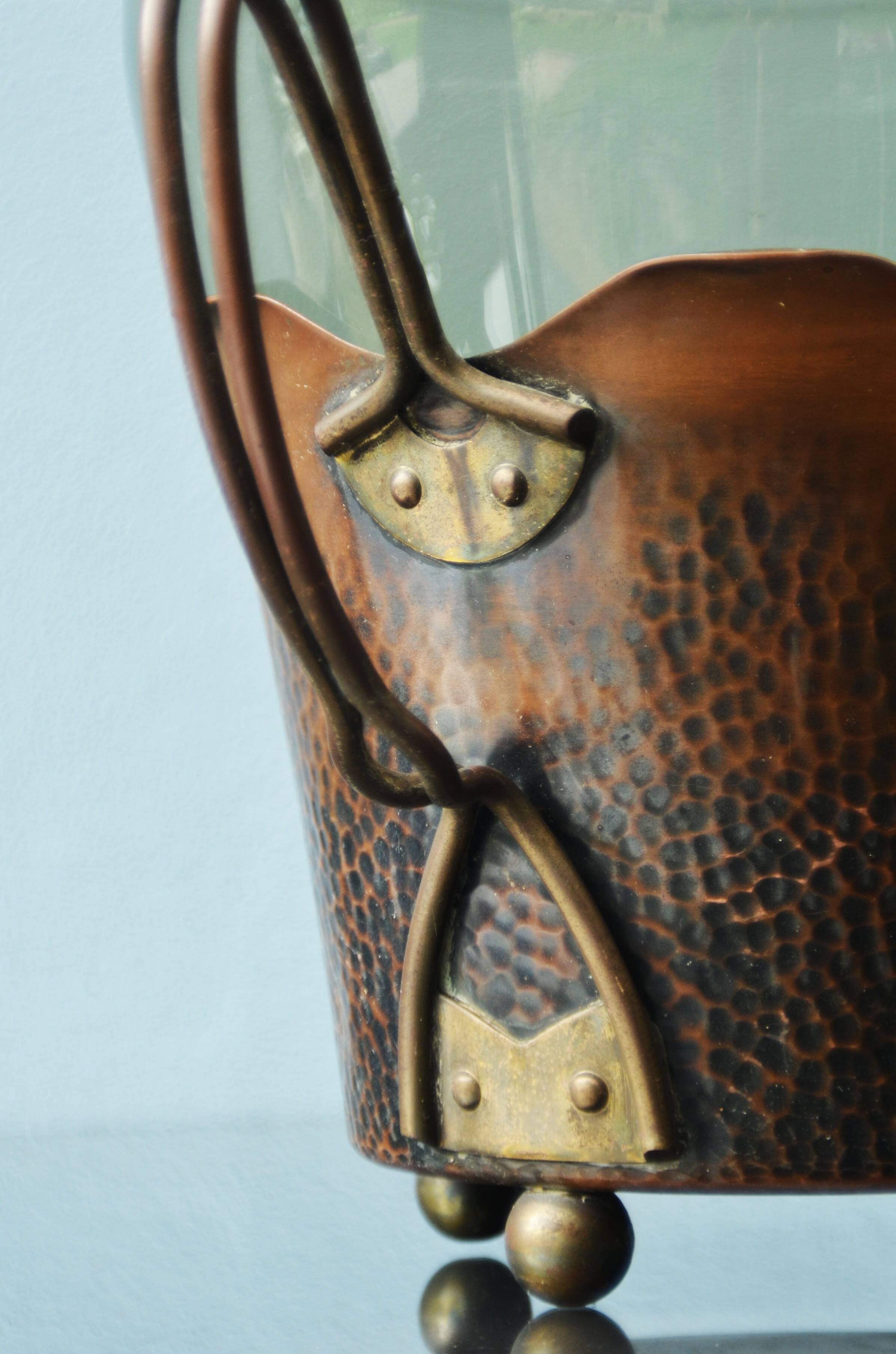 Art Nouveau Smoked Glass Punch Bowl Copper Crafted by Carl Deffner
