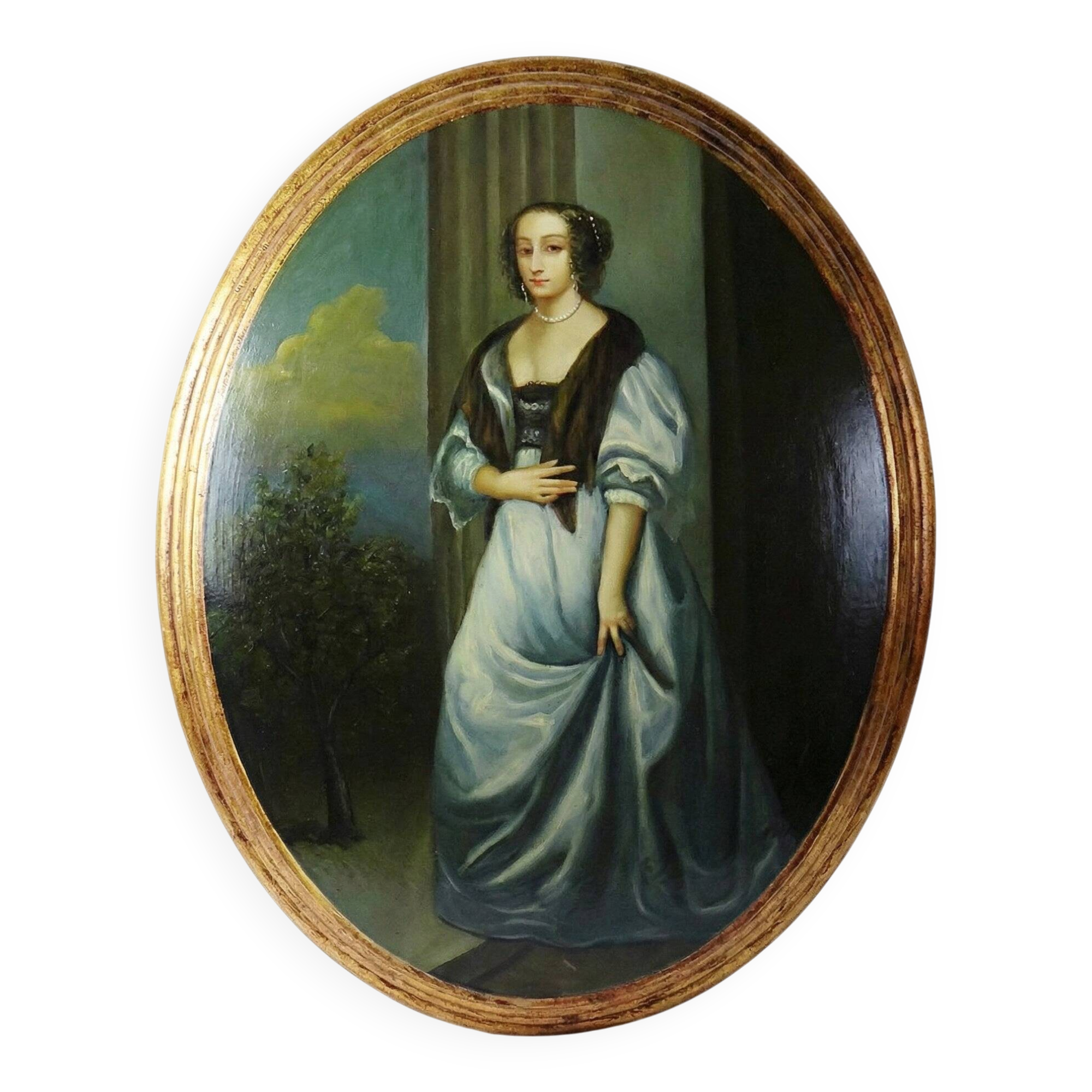 Elegant grand portrait medallion oil on curved Venetian wood vintage