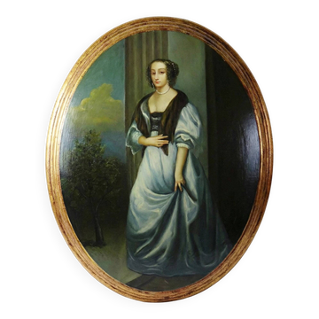 Elegant grand portrait medallion oil on curved Venetian wood vintage