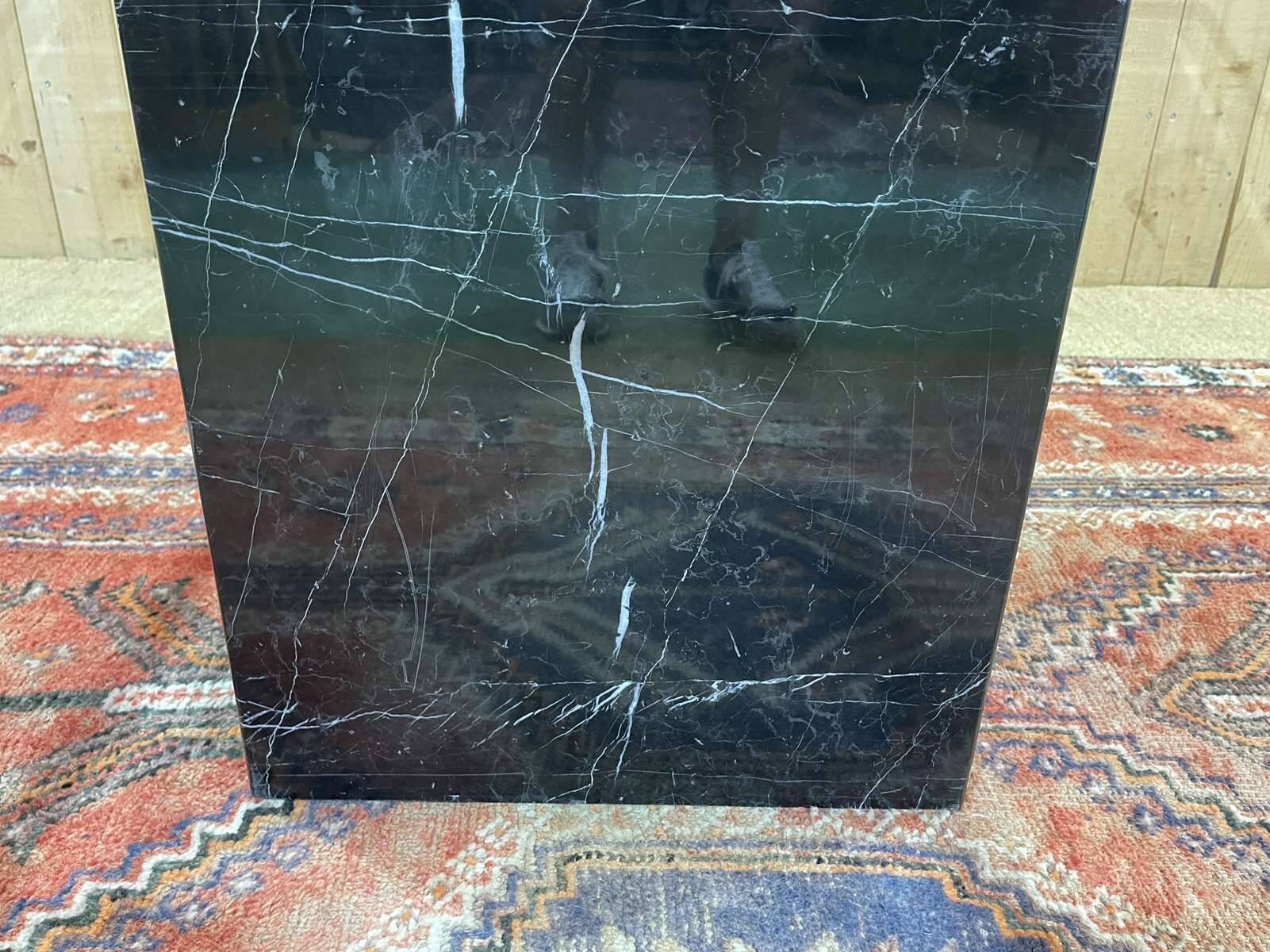 1970s square dining table, marble base and beveled glass top