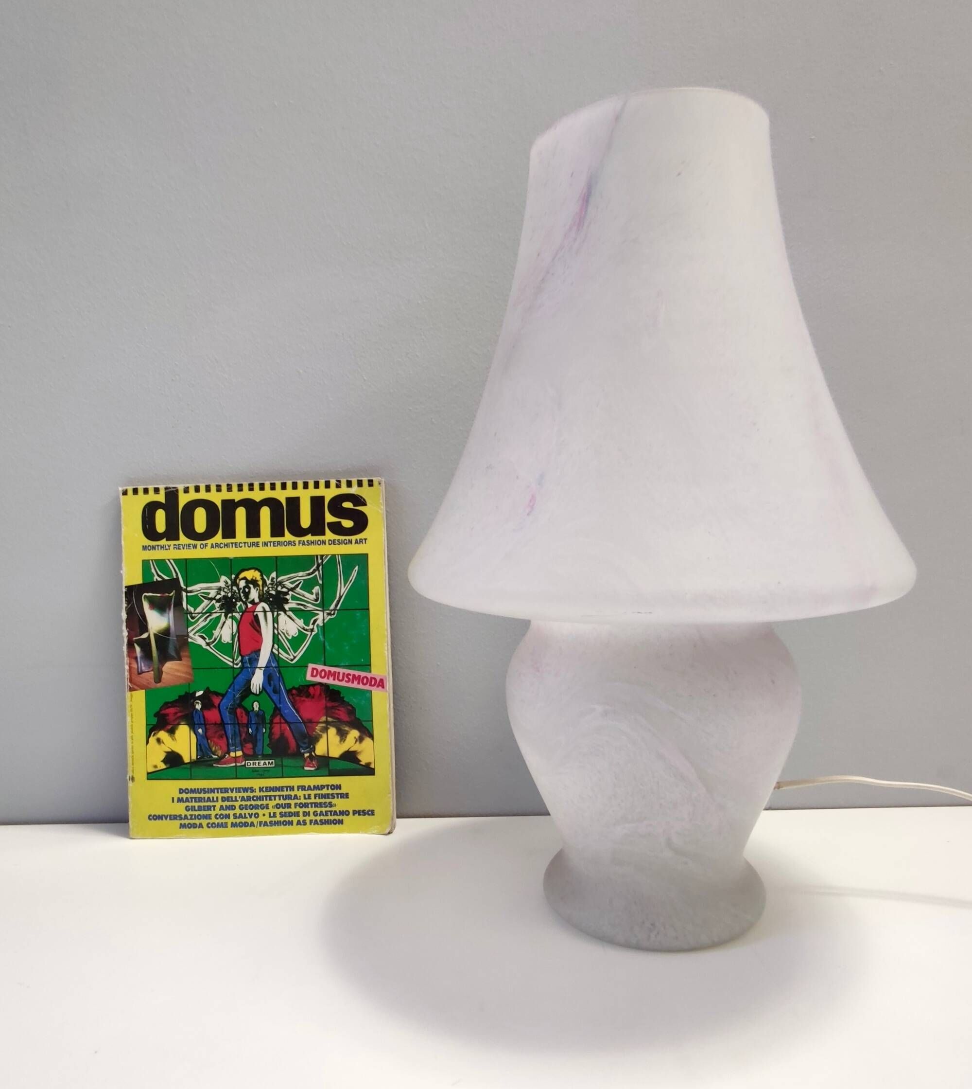 White Murano Glass Table Lamp with a Pink Marble Effect, Italy