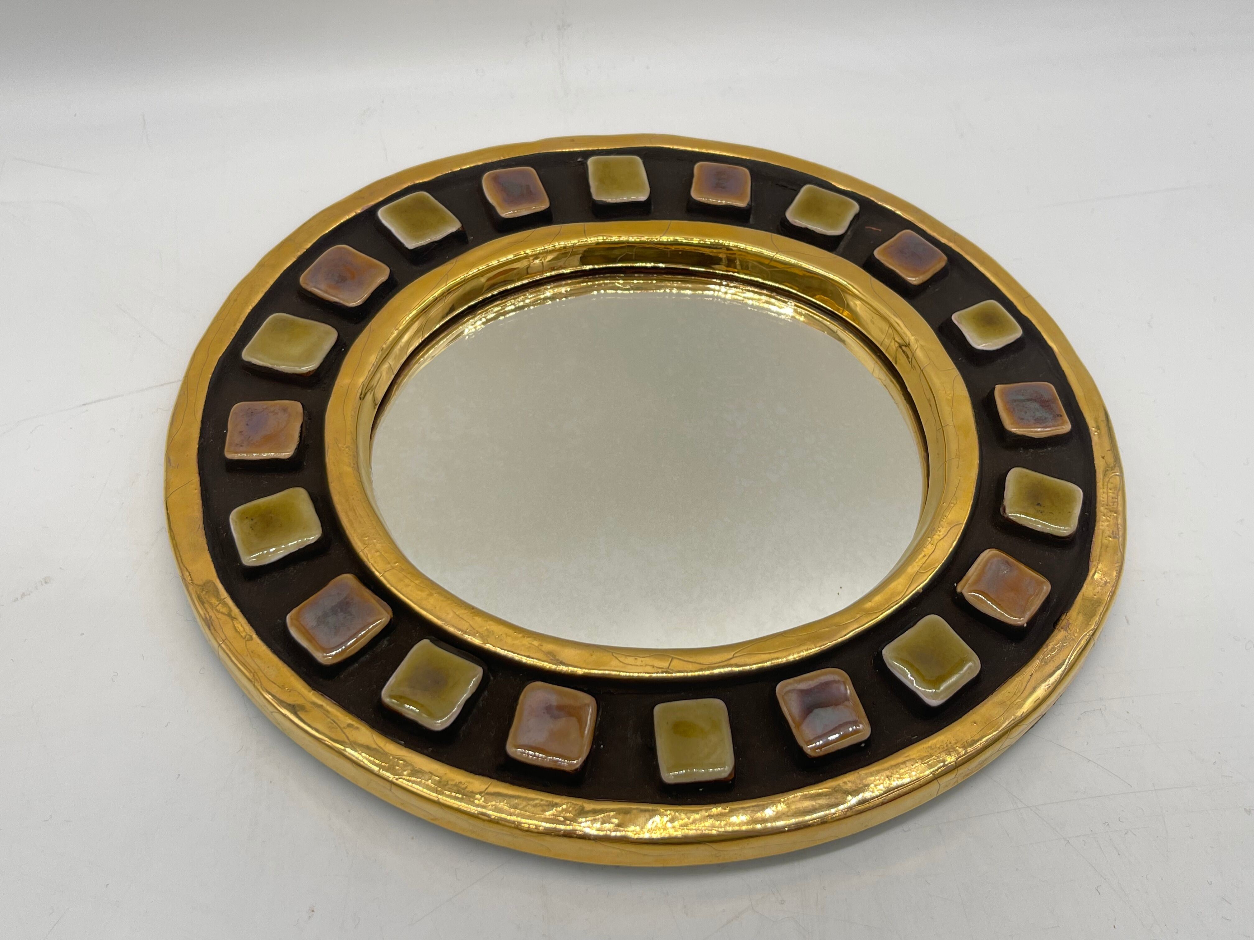 Golden ceramic mirror by Mithé Espelt 1960 24cm