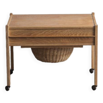 Sewing table with rattan basket, Denmark, 1960s